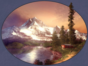 Картинка рисованное природа фон озеро дом горы