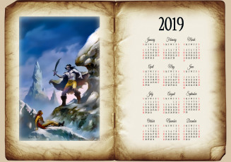 обоя календари, фэнтези, скала, мужчина, оружие
