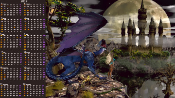Картинка календари 3д-графика дракон девушка замок растения