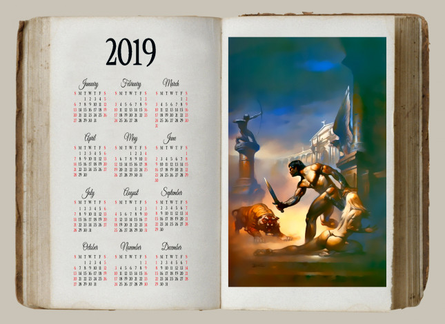 Обои картинки фото календари, фэнтези, мужчина, женщина, тигр, статуя, оружие