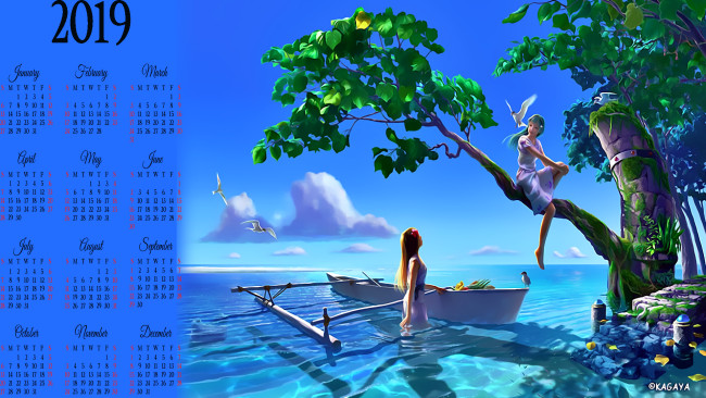 Обои картинки фото календари, фэнтези, водоем, девушка, лодка, дерево