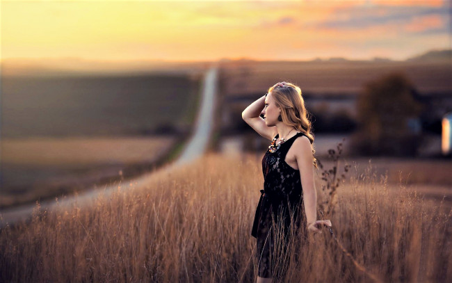 Обои картинки фото девушки, -unsort , блондинки,  светловолосые, блондинка, сарафан, поле, дорога