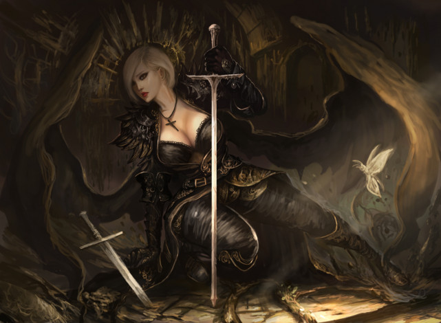 Обои картинки фото видео игры, lineage ii, меч, крылья, взгляд, фон, девушка