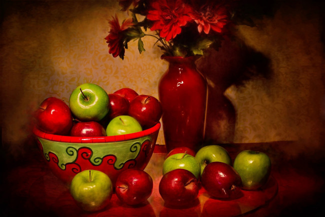 Обои картинки фото еда, яблоки, ваза, букет