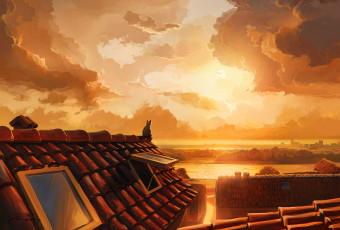 Картинка рисованное города закат кот кошка небо крыша