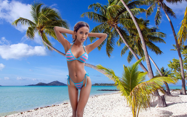 Обои картинки фото девушки, putri cinta, тропики, море, пляж, пальмы, бикини, поза
