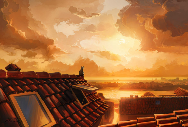 Обои картинки фото рисованное, города, закат, кот, кошка, небо, крыша