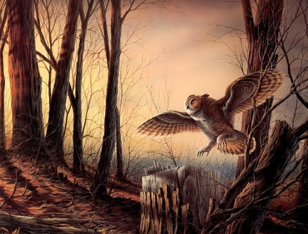 Обои картинки фото рисованное, животные,  птицы,  совы,  филины, сова, лес, пень