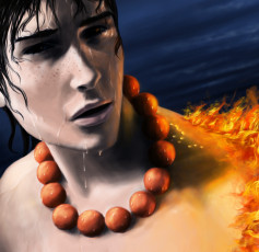 Картинка фэнтези люди парень брюнет веснушки вода капли огонь пламя бусы лицо
