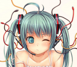 Картинка vocaloid аниме art провода наушники девушка hatsune miku namaru