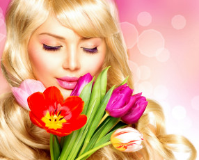 Картинка девушки -unsort+ лица +портреты девушка ресницы цветы тюльпаны букет улыбка блондинка модель анна+субботина