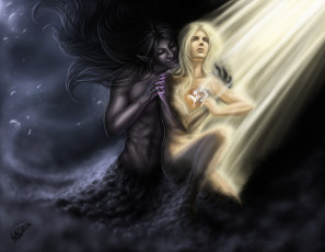 Картинка фэнтези вампиры свет перья ангел черный туман демон арт фантастика