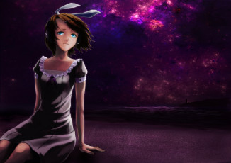 Картинка vocaloid аниме девушка kagamine rin raiden ночь свет маяк наушники океан звезды небо берег бант арт din