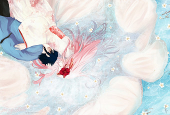 Картинка аниме naruto цветок парень девушка пара сакура саске учиха харуно брюнет розовые волосы вода объятия