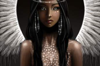 Картинка фэнтези ангелы арт фантастика волосы серьги взгляд крылья ангел