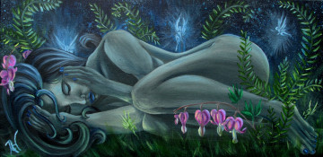 Картинка фэнтези девушки фантастика живопись девушка природа цветы лицо синие волосы феи