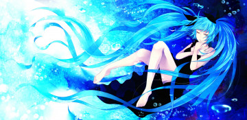 Картинка vocaloid аниме shinkai shoujo wakatsuki you арт под водой девушка hatsune miku платье пузыри