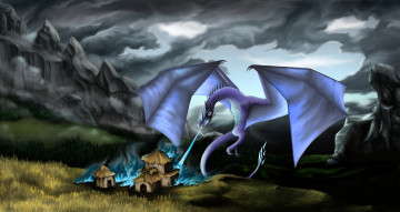Картинка фэнтези драконы небо тучи арт пламя дракон деревня горы