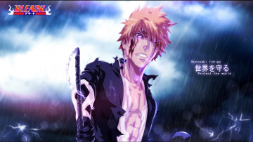 Картинка аниме bleach злость кровь гроза небо иероглифы молнии дождь куросаки ичиго рыжий парень блич