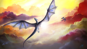 Картинка фэнтези драконы полёт облака