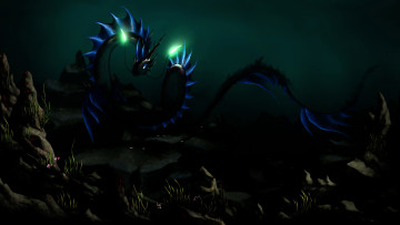 Картинка фэнтези существа дракон камни темнота фон арт светящиеся усы