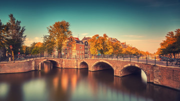 обоя города, амстердам , нидерланды, река, мост
