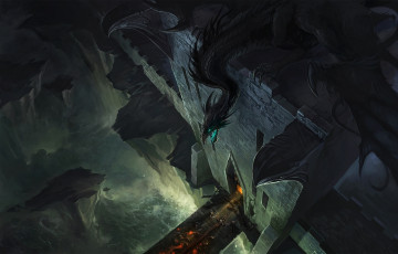 Картинка фэнтези драконы башня дракон войско атака