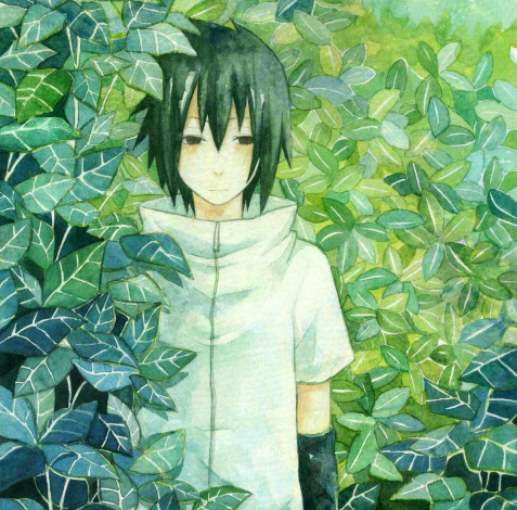 Обои картинки фото аниме, naruto, саске, учиха, листья, арт