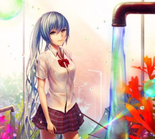 Обои картинки фото vocaloid, аниме, взгляд, hatsune, miku, девушка, oki, art, вокалоид, цветы, вода, кран, слезы