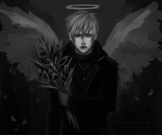 Обои картинки фото аниме, -angels & demons, парень, тёмный, нимб, крылья, ангел, взгляд, букет, цветы, кулон, перья, мрачно