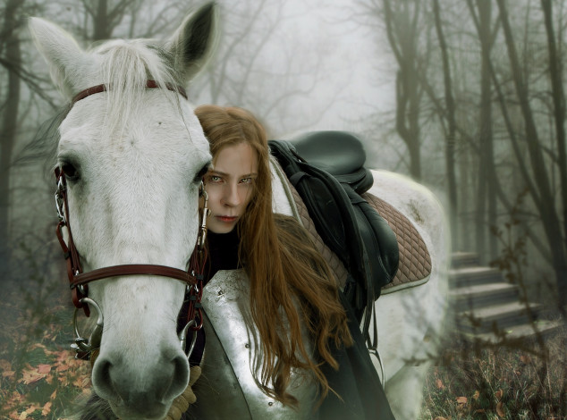 Обои картинки фото фэнтези, фотоарт, девушка-рыцарь, конь