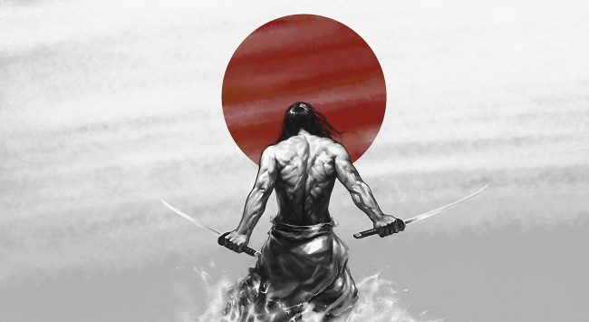 Обои картинки фото фэнтези, люди, воин, восходящее, мечи, самурай, солнце