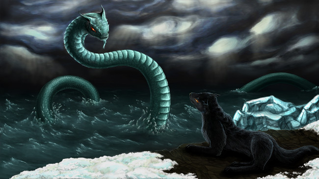 Обои картинки фото фэнтези, существа, снег, вода, камни, арт, змея, море