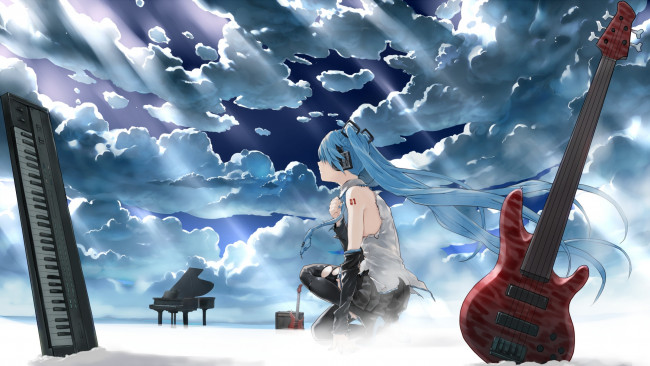 Обои картинки фото vocaloid, аниме, наушники, рояль, небо, синтезатор, инструменты, свет, облака, гитара, девушка, hatsune, miku, biyonbiyon, bob, арт