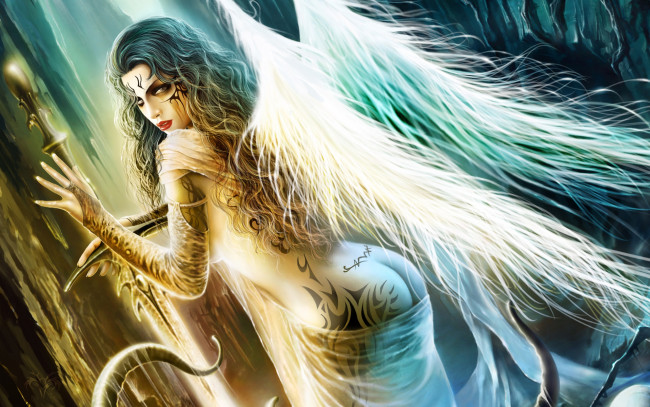 Обои картинки фото фэнтези, ангелы, девушка, ангел, крылья, татуировки, меч, слизь, щупальца