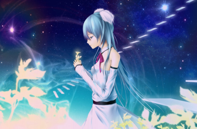 Обои картинки фото vocaloid, аниме, koi0koi, oki, цветы, звезды, арт, небо, девушка, hatsune, miku