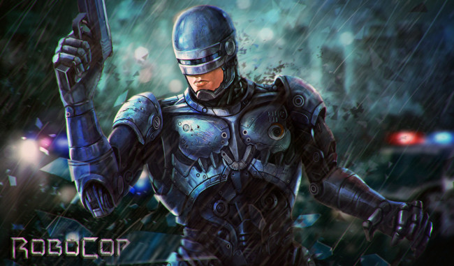 Обои картинки фото рисованное, кино, robocop, фантастика, арт, шлем, пистолет, броня, робот, alex, murphy, робот-полицейский