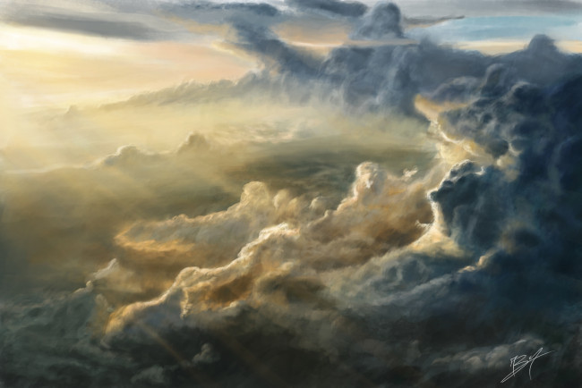 Обои картинки фото рисованное, природа, солнце, высота, солнечные, лучи, небо, облака
