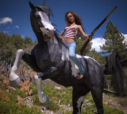 Картинка 3д+графика люди+и+животные+ people+and+animals девушка взгляд фон оружие лошадь