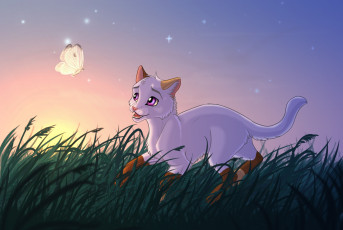 Картинка рисованное животные +коты кошка трава бабочка