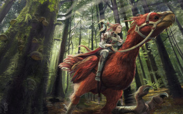 Картинка фэнтези красавицы+и+чудовища девушка птица деревья лес арт транспорт
