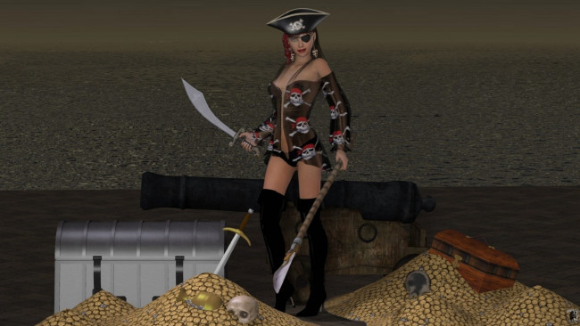 Обои картинки фото 3д графика, фантазия , fantasy, гармата, золото, сундуки, оружие, пират, фон, взгляд, девушка