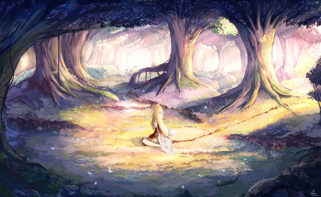 Обои картинки фото аниме, unknown,  другое, лес, девушка, кровь