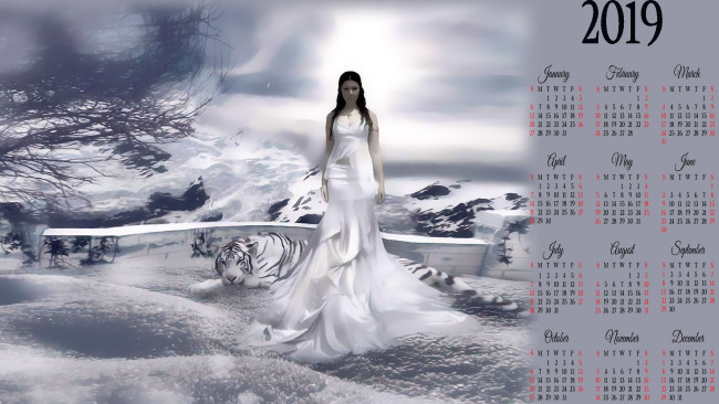 Обои картинки фото календари, фэнтези, девушка, тигр, гора, снег