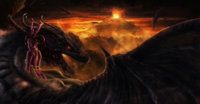 Обои картинки фото фэнтези, драконы, девушка, фон, взгляд, дракон, вулкан