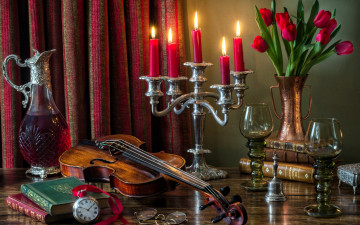 обоя музыка, -музыкальные инструменты, скрипка, свечи, часы, тюльпаны, вино