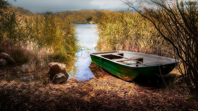 Обои картинки фото корабли, лодки,  шлюпки, озеро, лодка, камыш