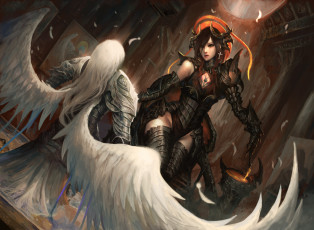 Картинка фэнтези существа девушки фон униформа ангел демон