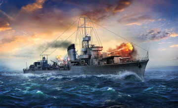 Картинка видео+игры world+of+warships корабль огонь тучи море