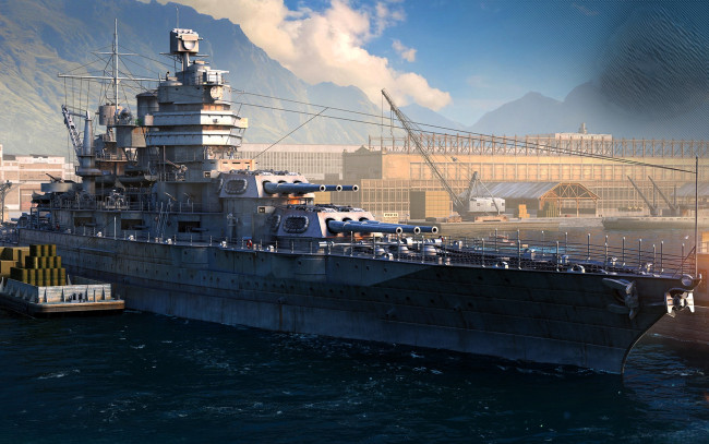 Обои картинки фото видео игры, world of warships, корабль, здания, порт, море